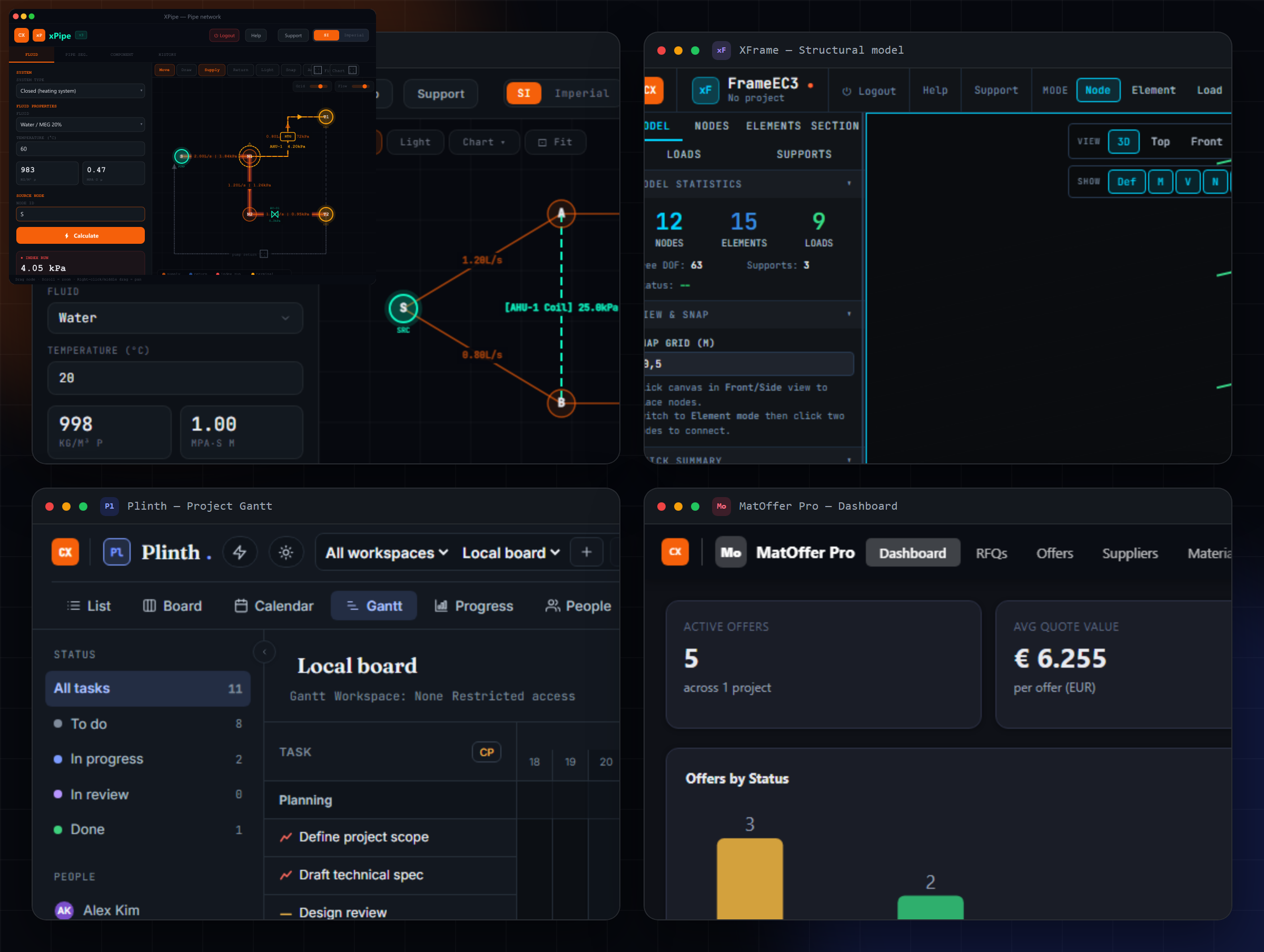 Real screenshots of XPipe, XFrame, Plinth, and MatOffer Pro running in CalculationX